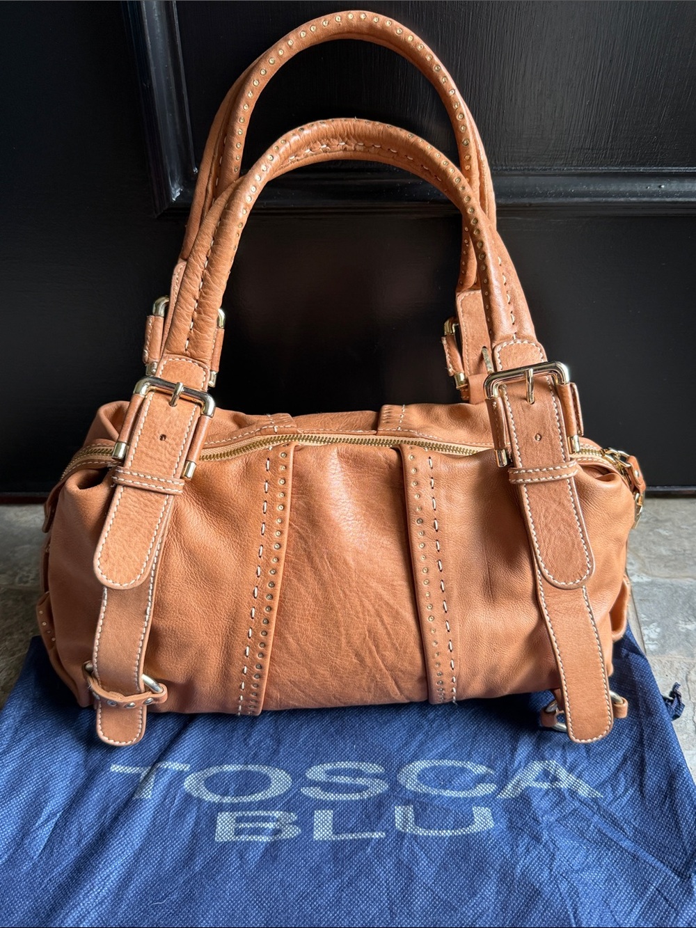 TOSCA BLU Cognac Leather Satchel with Buckle Accents
